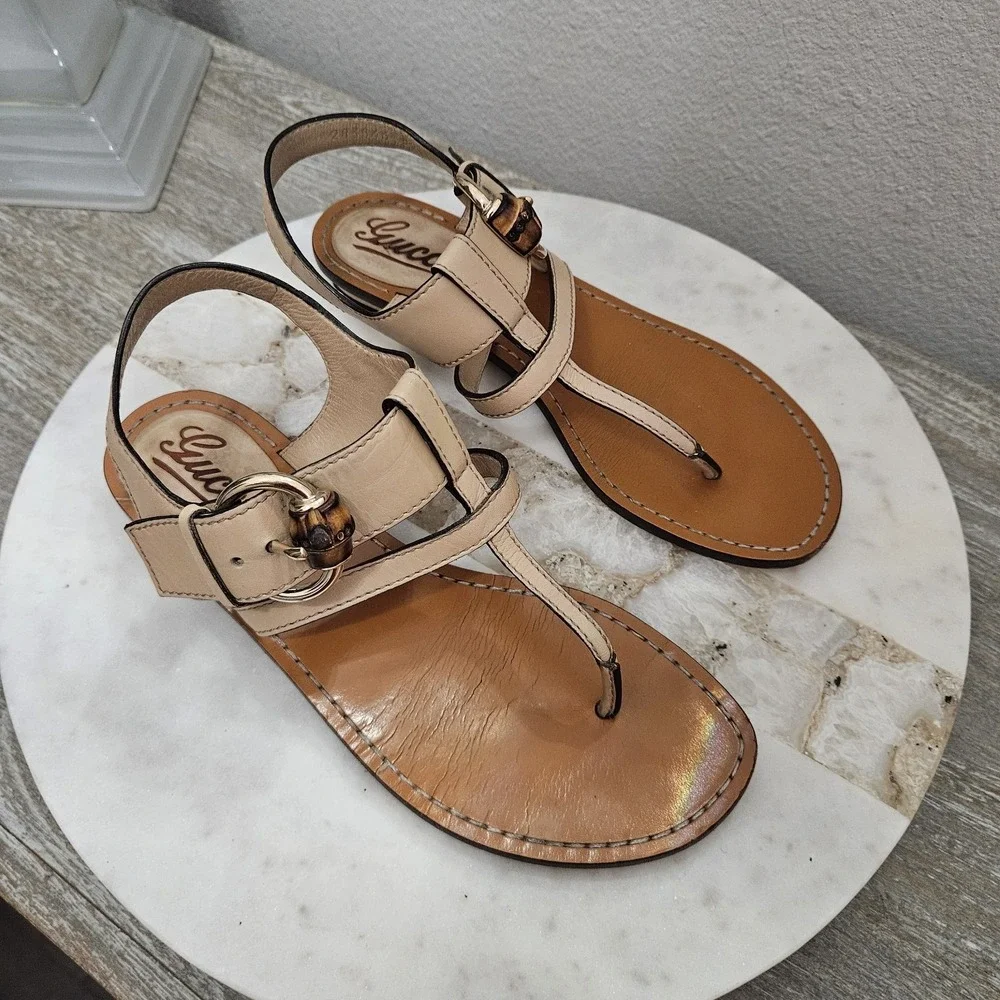 Gucci Brown Leather Thong Sandals Size 37 - US 7 - Picture 2 of 10